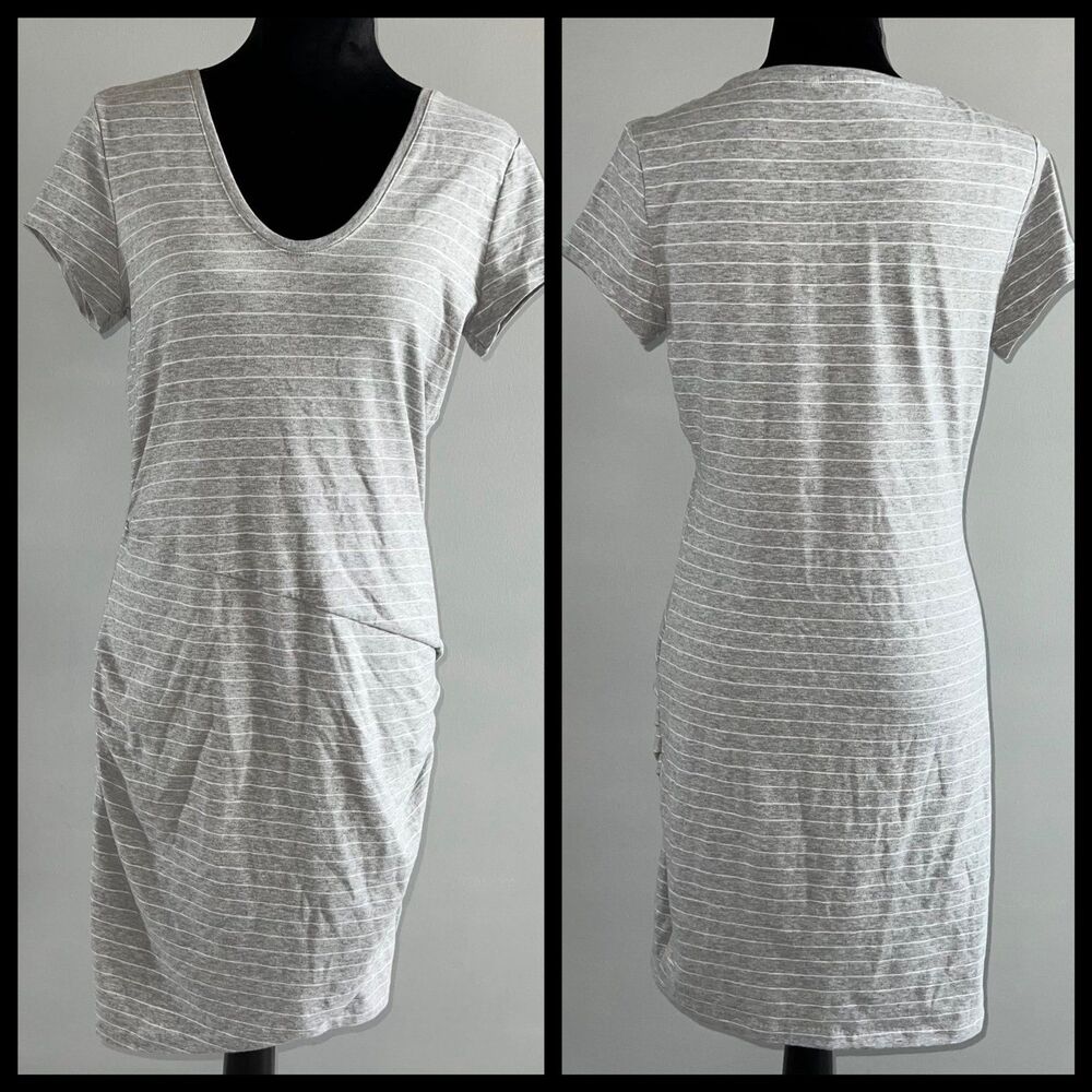Athleta Central Stripe Dress Women’s Medium Short Sleeve Gray White Striped